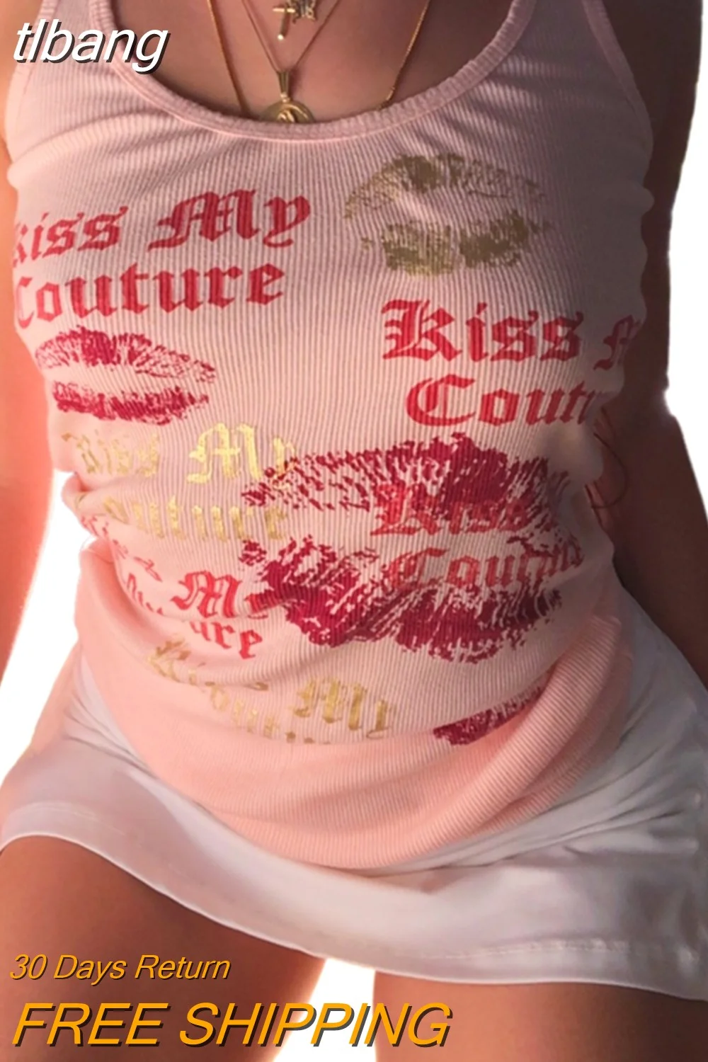tlbang Sexy Cute Tank Tops for Women Clubwear Letter Lips Print Rib Knit Crop Tops 2023 Summer y2k Clothes 2000s Fairycore Tee