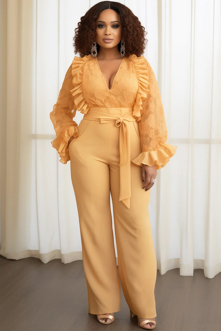 Xpluswear Design Plus Size Business Casual Yellow V Neck Flare Long Sleeve Ruffle Wrap Two Piece Pant Sets [Pre-Order] 2024 - Xpluswear