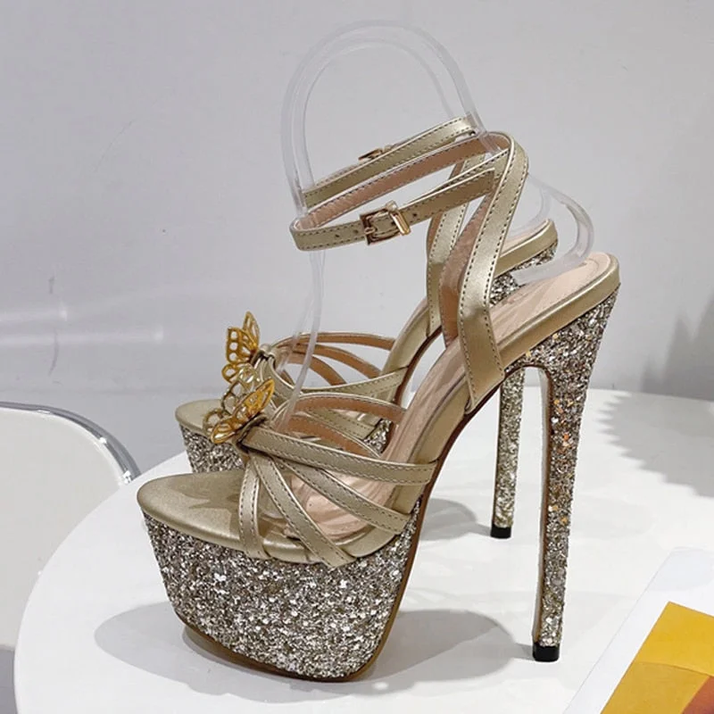 Vstacam Runway Style Glitter Sequined Platform Super High Heel Party Wedding Banquet Shoes Bowknot Summer Gold Sandals Women Pumps