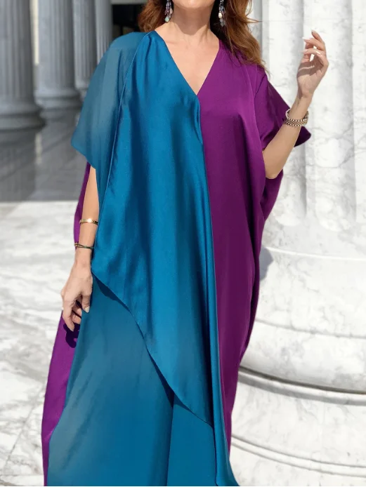 High Fashion Satin Color Block Dress Robe-inspireuse