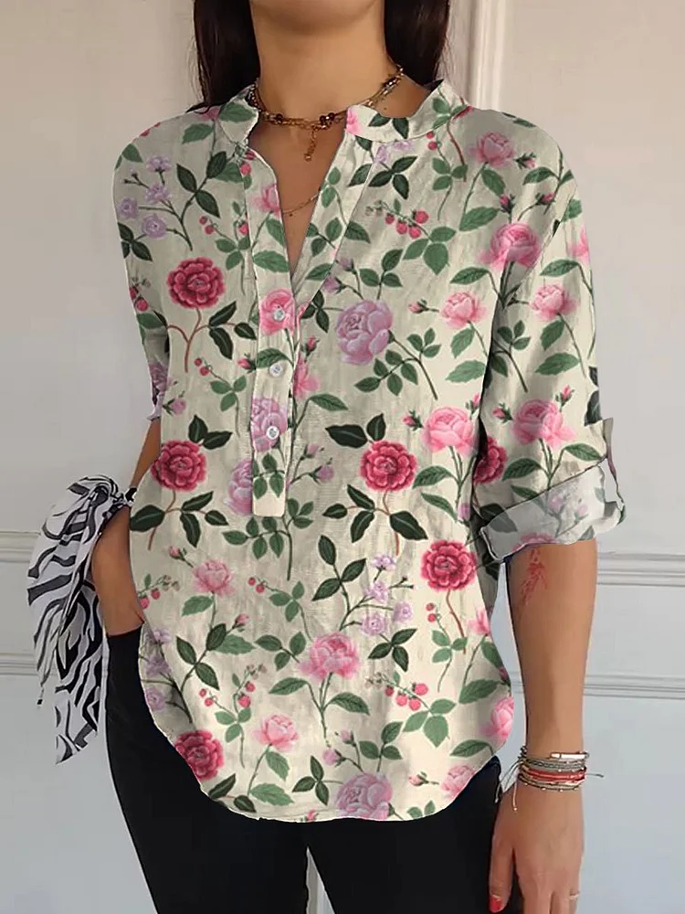 Women's   Flowers  Print Casual Long Sleeve Comfortable Cotton Shirt