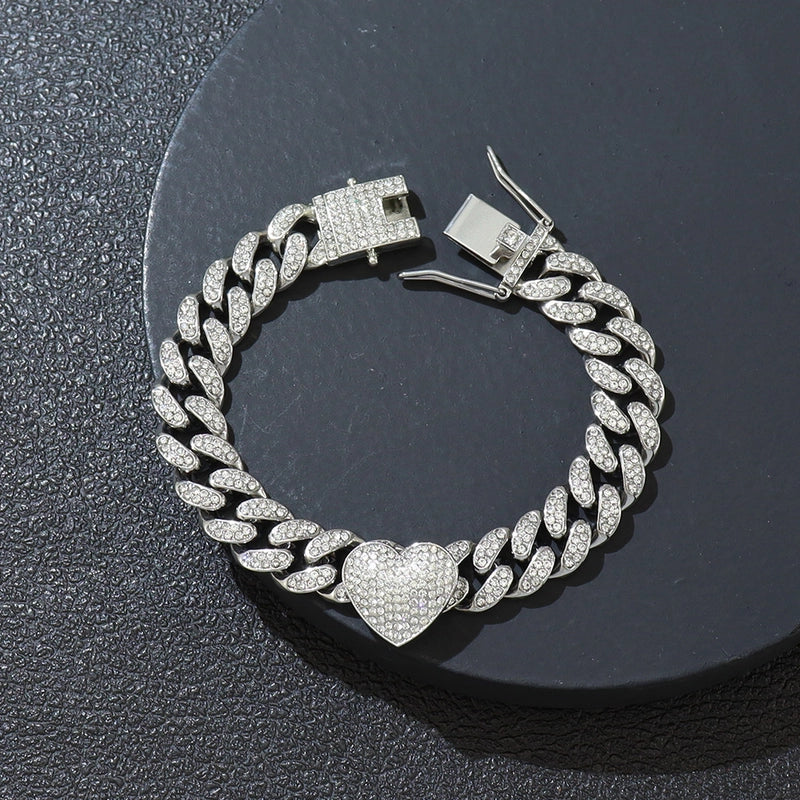 Cool Three-Dimensional Fully Jeweled Loving Heart Heart-Shaped Creative Cuban Link Chain Bracelet Hip Hop Style Couple Bracelet Bracelet
