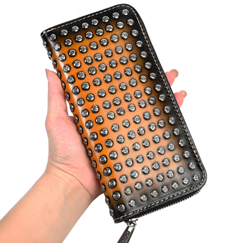 New Original Design Head Layer Cowhide Wallet Personalized Long Zipper Bag Friends Rock Motor Car Bag