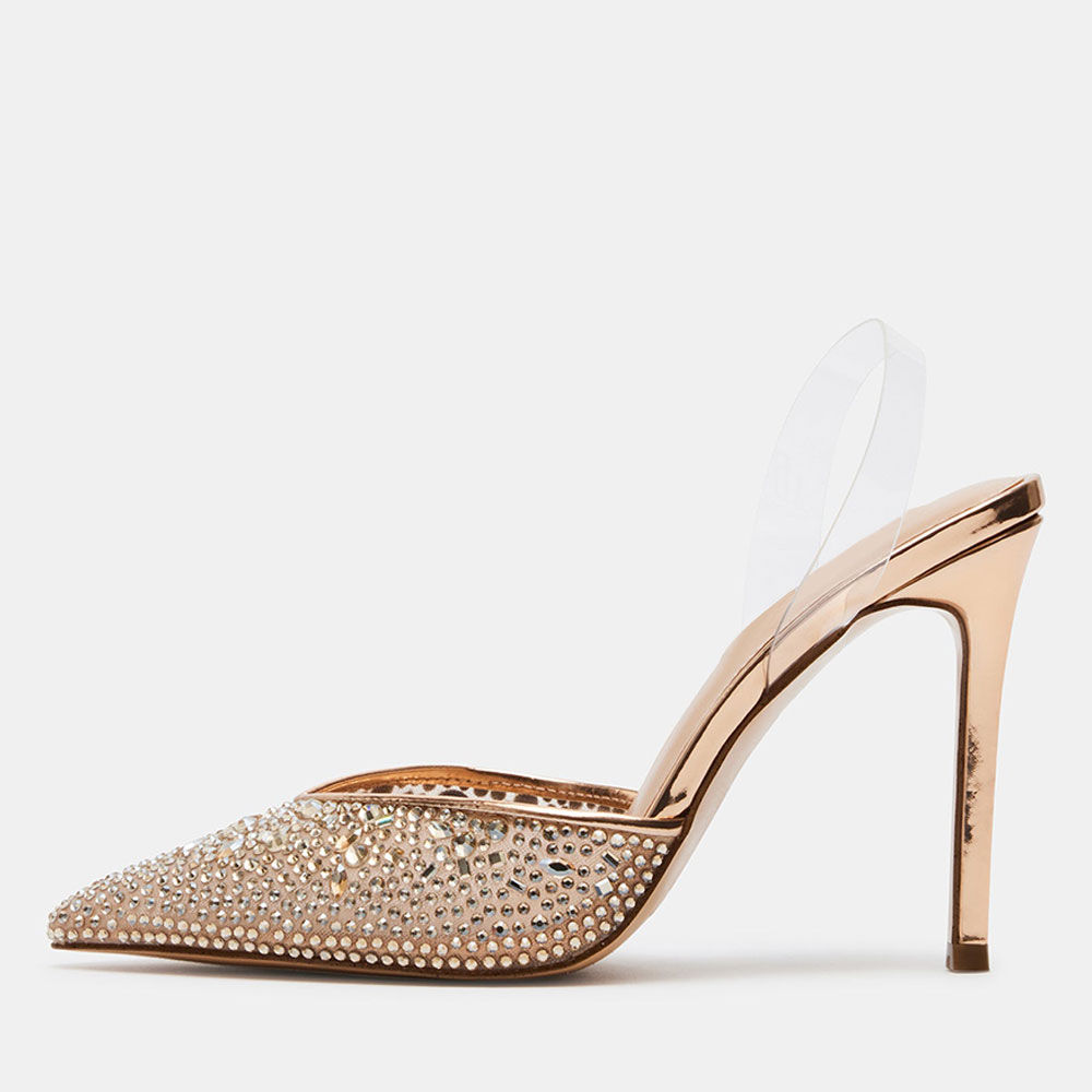 Clear & Gold Metallic Pointy Toe Stiletto Heel Rhinestone Mules Nicepairs