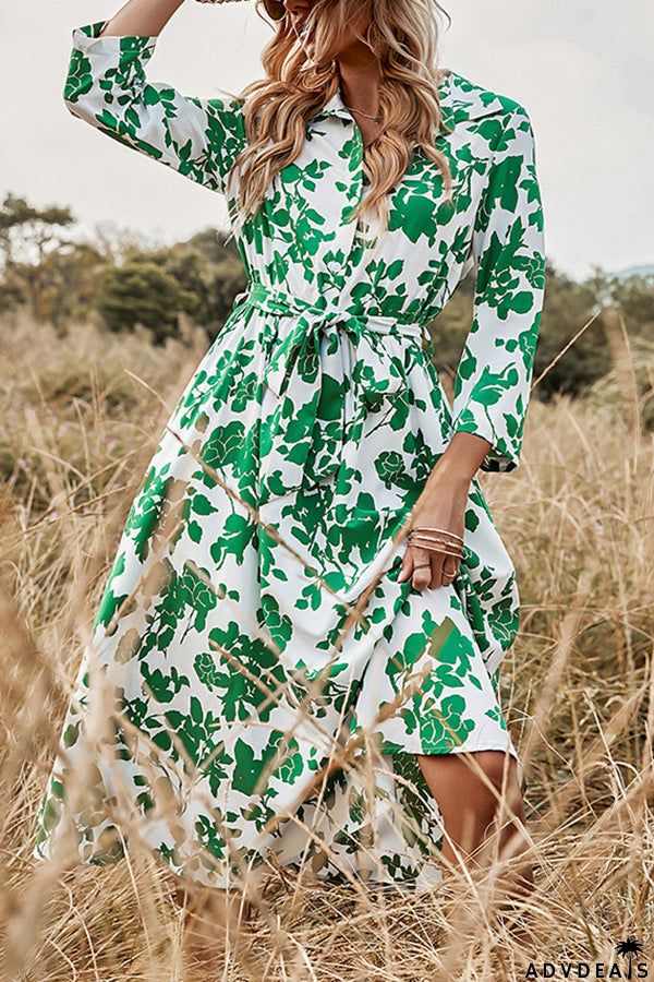 Fashion Women's Green Print Lace-up Dress