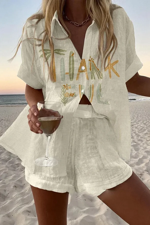 Thank Ful Print Loose Button Elastic Waist Shorts Set