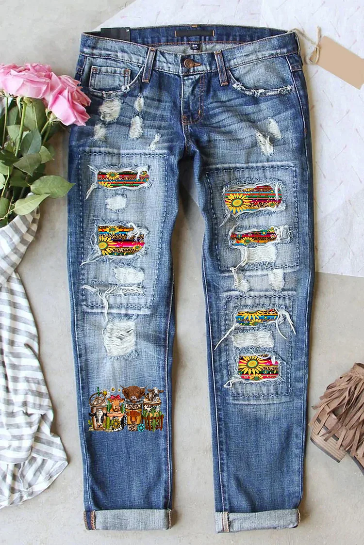 Cow Heifers Coffee Drink Printed Ripped Jeans