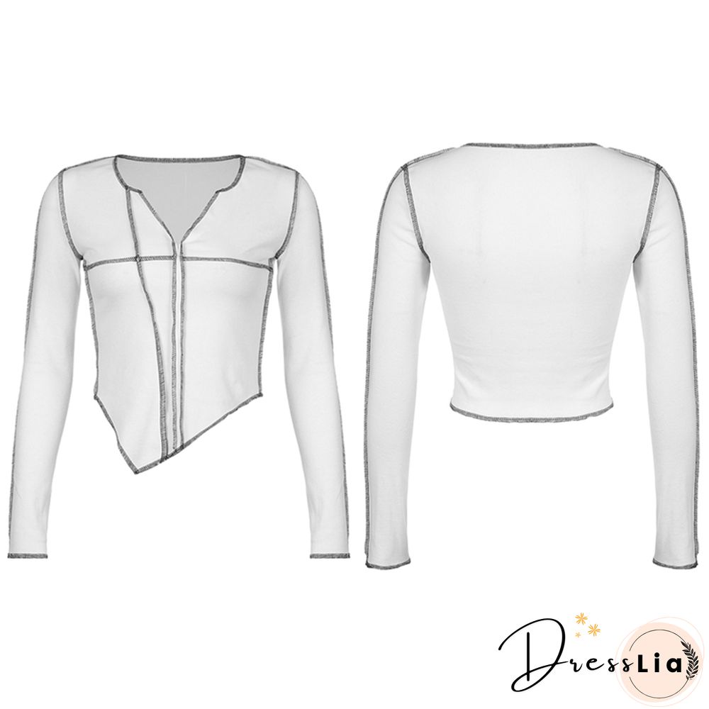 Creative Surface Thread Splicing Crop Tops Long Sleeve Cut V-Neck Slim Wild Chic Casual Irregular Hem T-shirt Slim Base Shirt