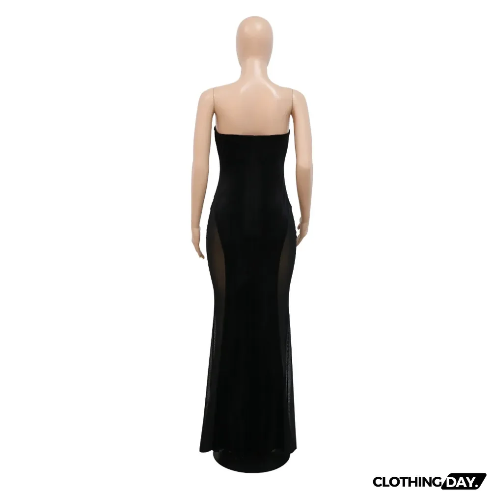 Velvet Strapless Sexy Patchwork Lace Bodycon Long Dress