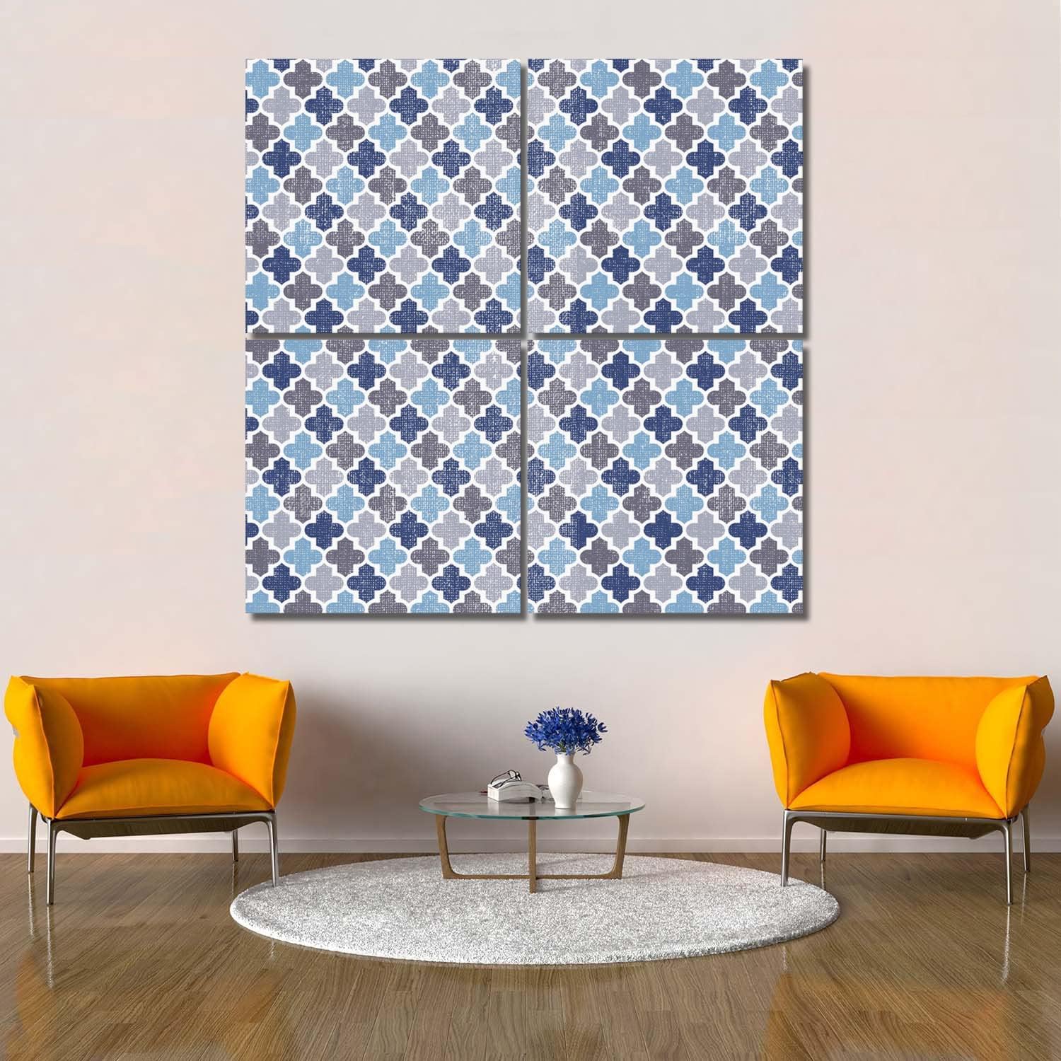 ARTSHOWING 4 Piece Canvas Wall Art Moroccan Style Artwork Painting Prints on Canvas for Home Living Room Office 16x16Inch x4 Panels Ready to Hang - Blue Gray Geometric Art Texture 16x16inch x4