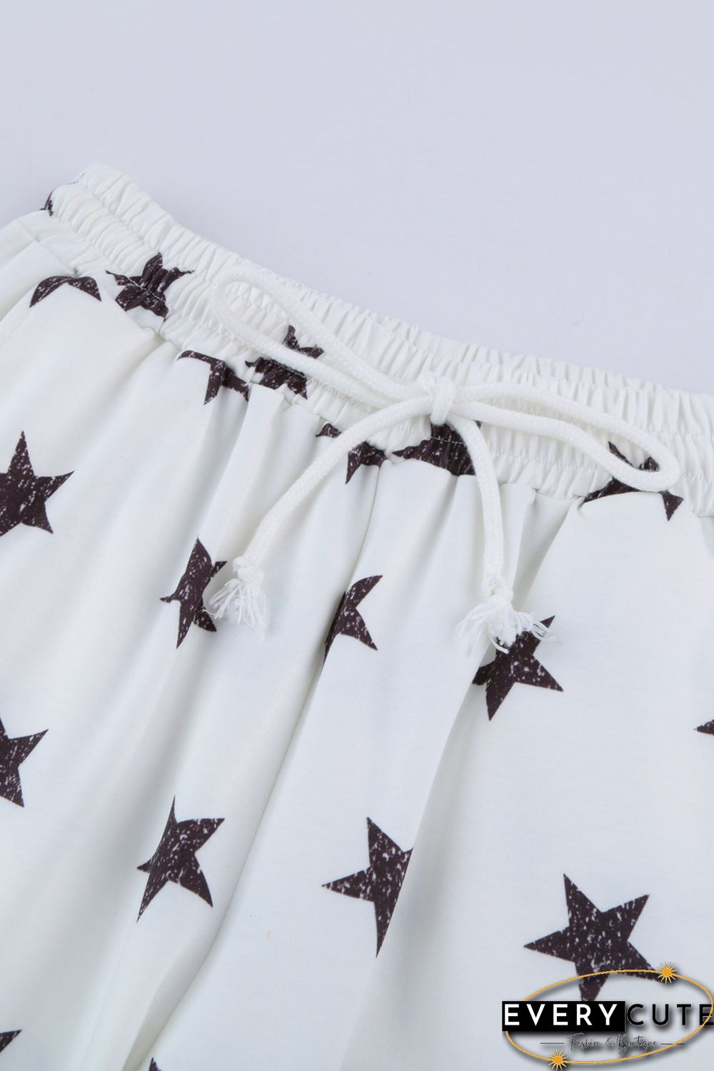 White Crew Neck Star Print Drawstring Loungewear Set with Pocket