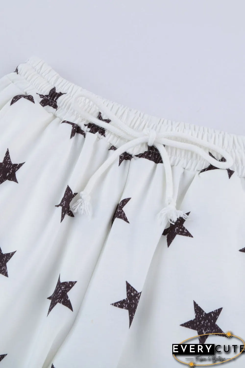 White Crew Neck Star Print Drawstring Loungewear Set with Pocket
