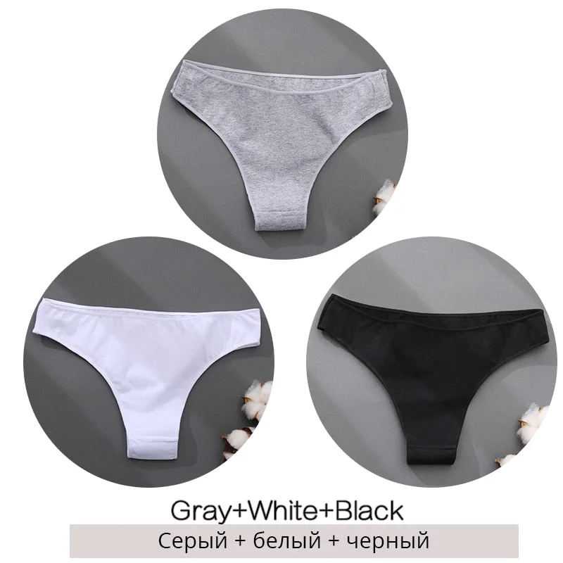 FINETOO 3Pcs/set Cotton Brazilian Panties M-2XL Women Underwear Ladies Soild Color T-back Underpants Sexy Low-rise Panty 2021