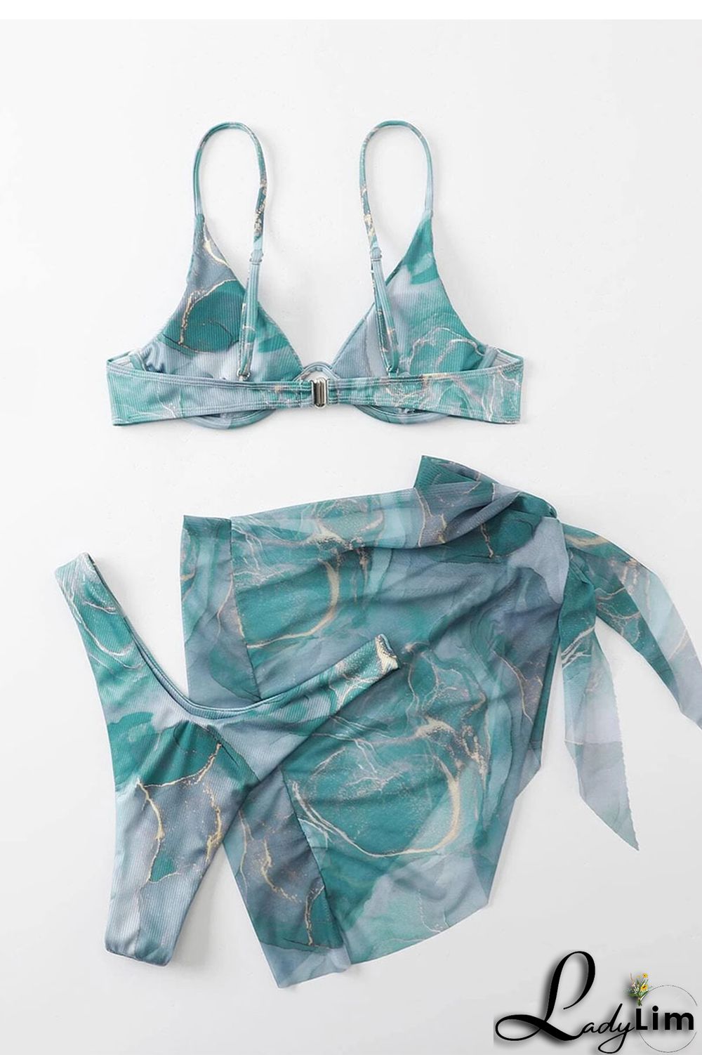 Ink Green Sexy Print Bandage Patchwork Asymmetrical 3 Piece Sets