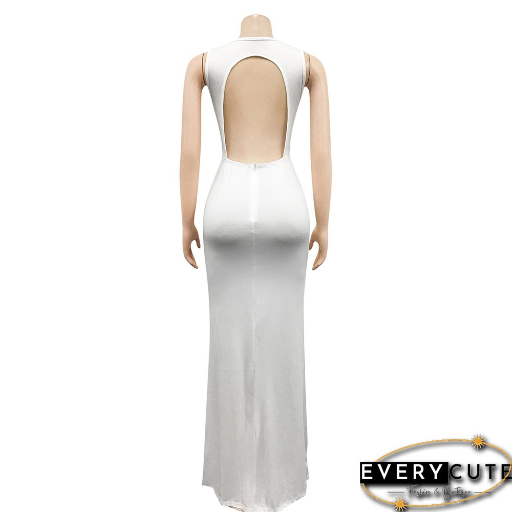 White Rhinestones Mesh Sleeveless Maxi Dress