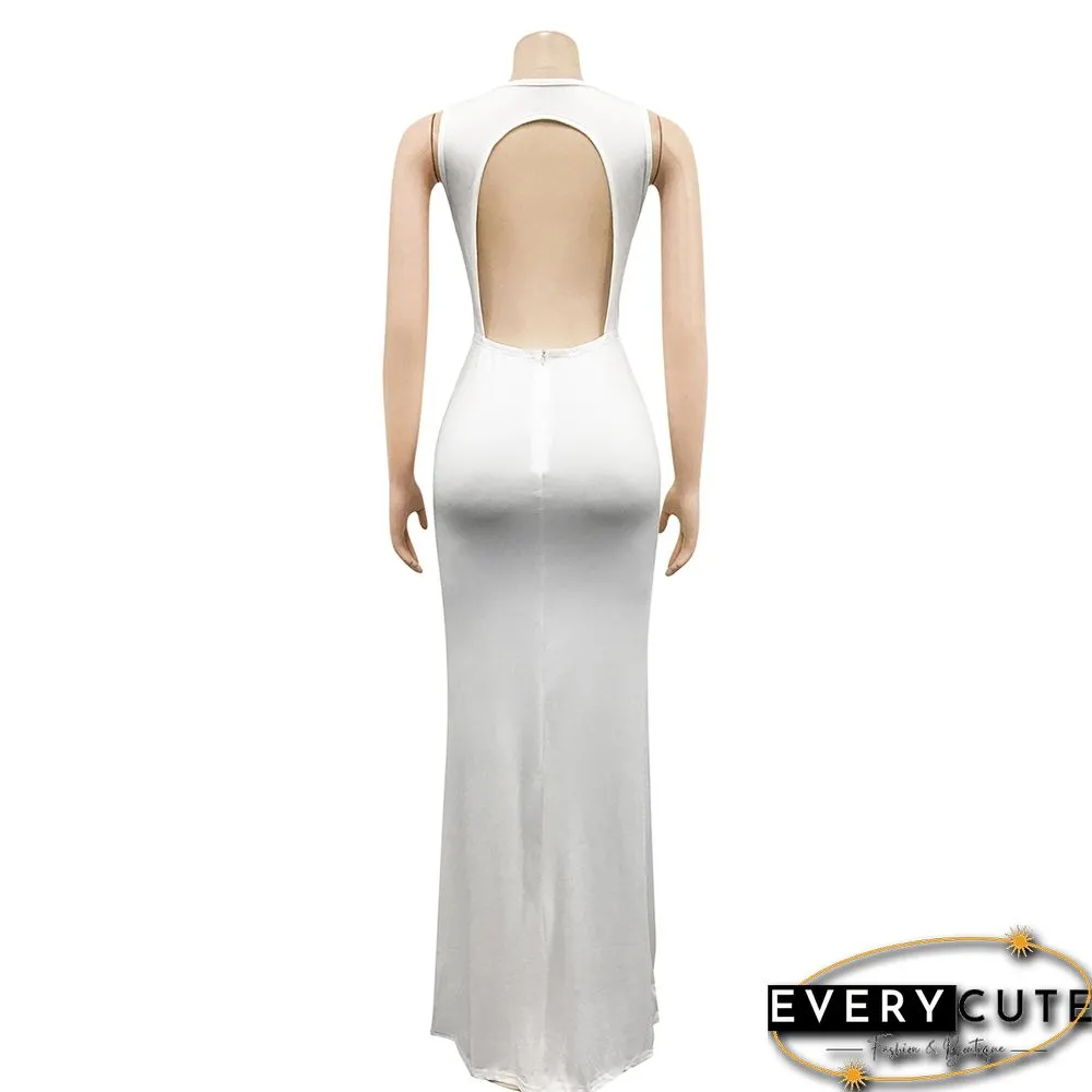 White Rhinestones Mesh Sleeveless Maxi Dress