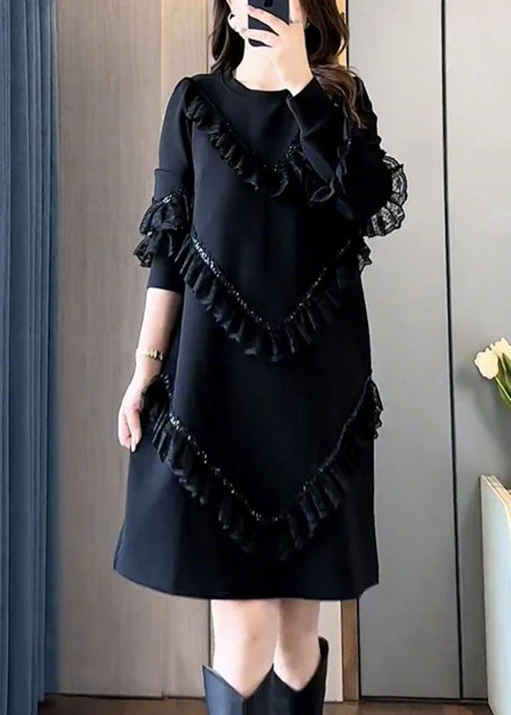 Fashion Black O-Neck Ruffled Patchwork Mid Dress Fall
