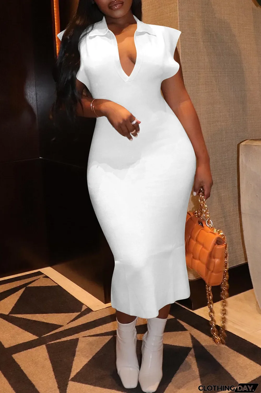 Pink Fashion Casual Solid Basic Turndown Collar Sleeveless Dress