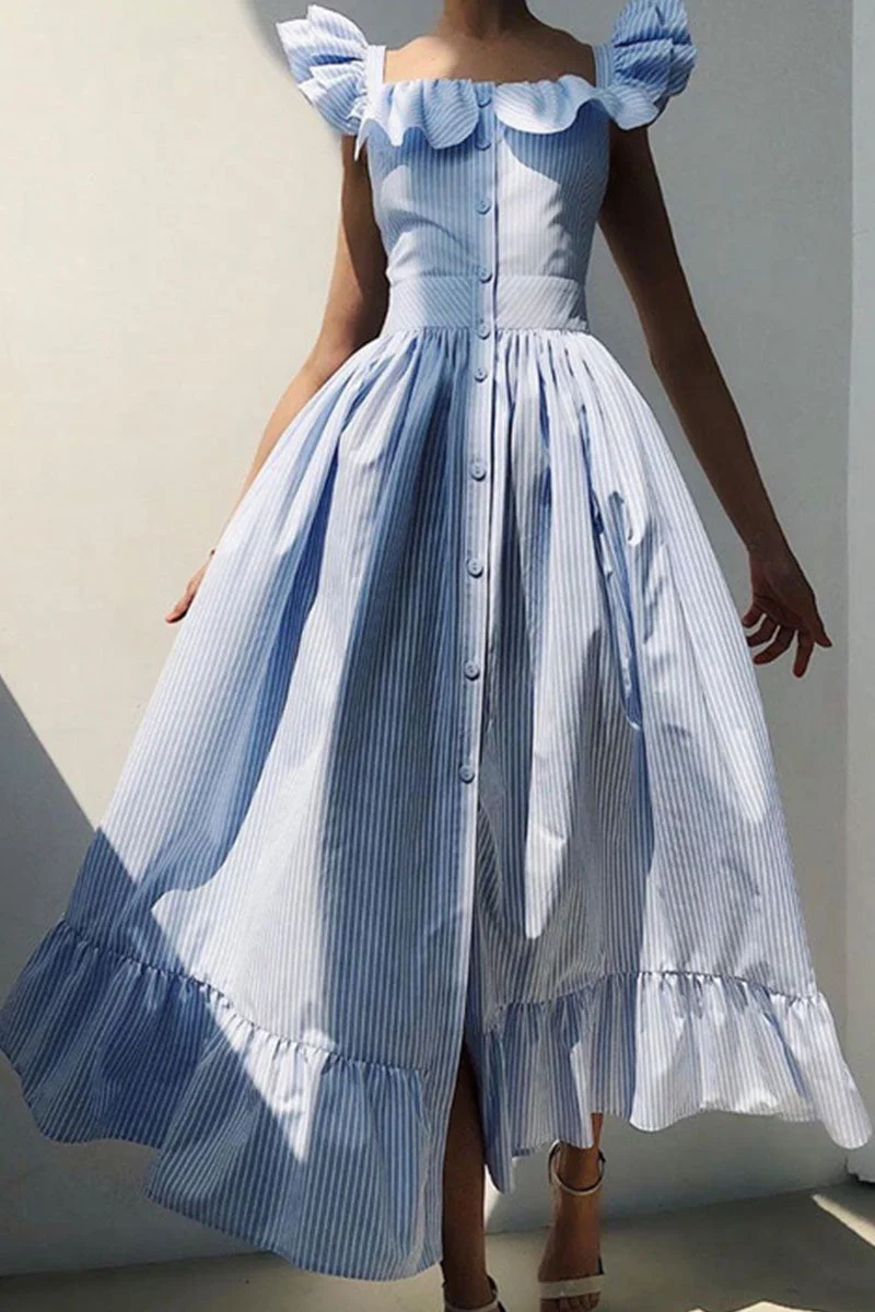 Fashion Casual Striped Split Joint Square Collar Waist Skirt Dresses
