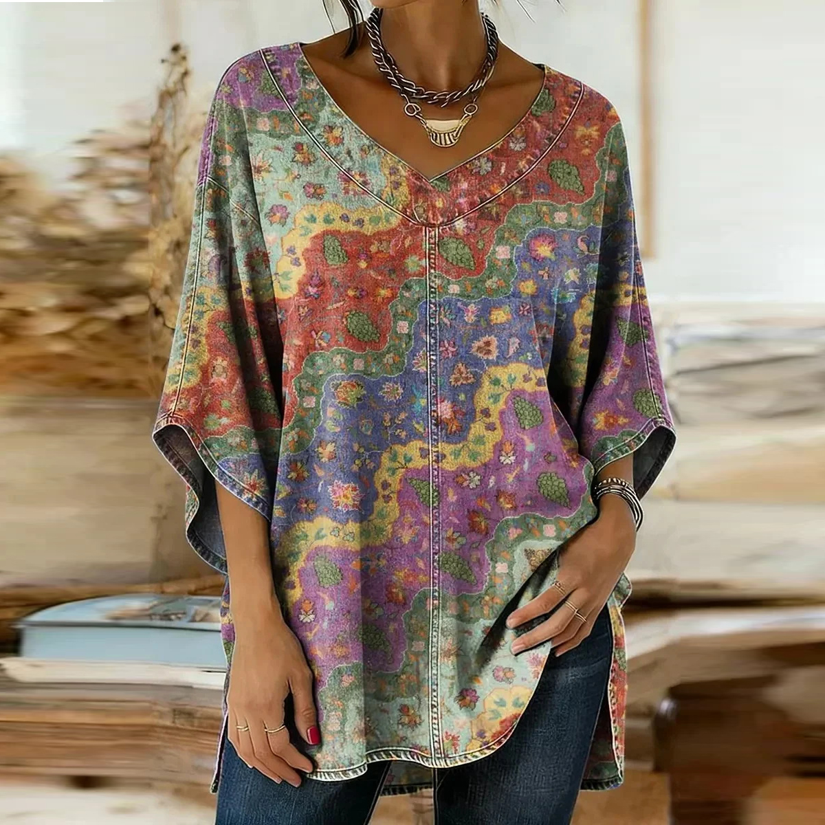 Comstylish Retro Ethnic Wave Patchwork Art Pattern Linen Blend Loose Short Sleeve Tops