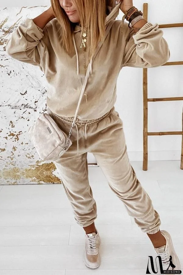 MidiSono - Velvet Drawstring Hooded Joggrt Set