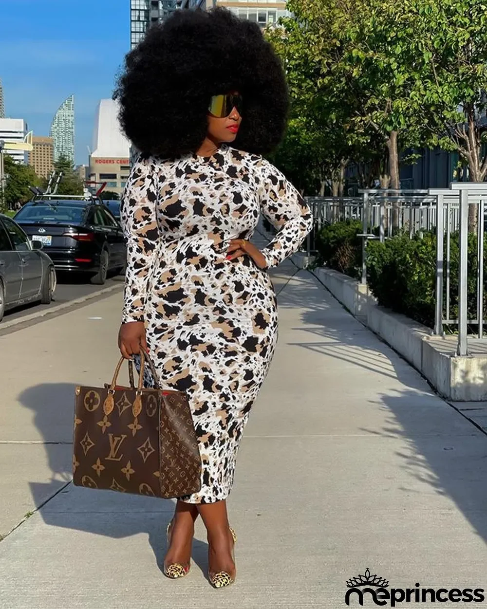 Large Size Printed Slim Slimming Belt Dress