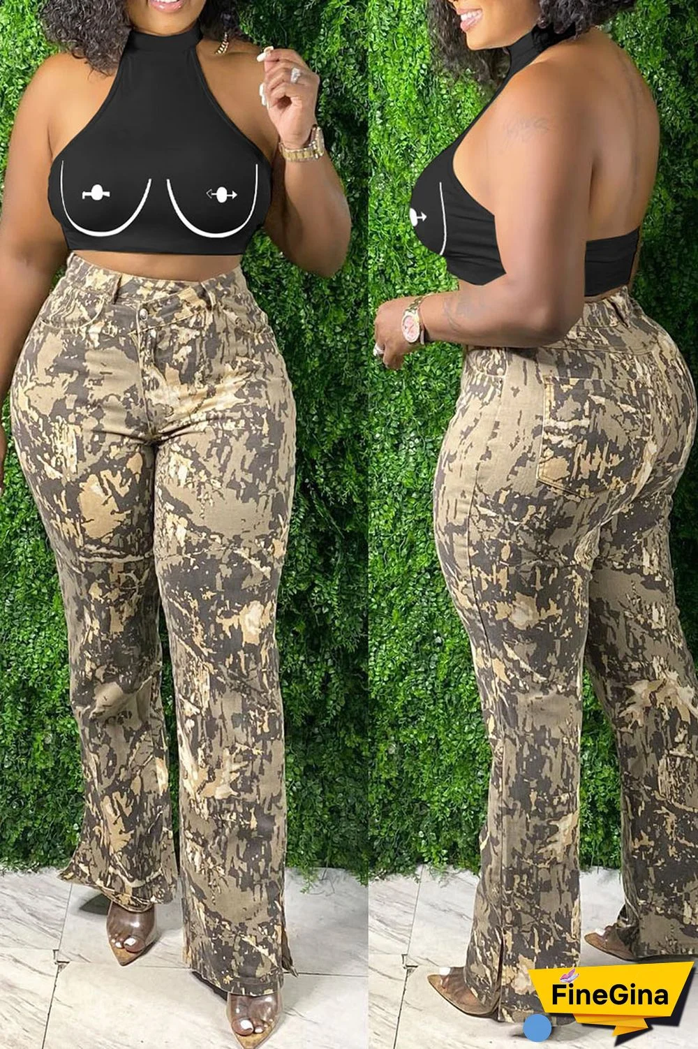 Brick Red Sexy Print Patchwork O Neck Tops