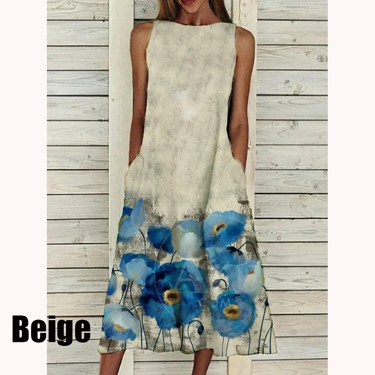 Elegant Print Casual O Neck Loose Sleeveless Retro Dress