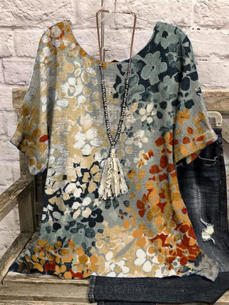 Yellow And Grey Floral Women's Round Neck T-Shirt