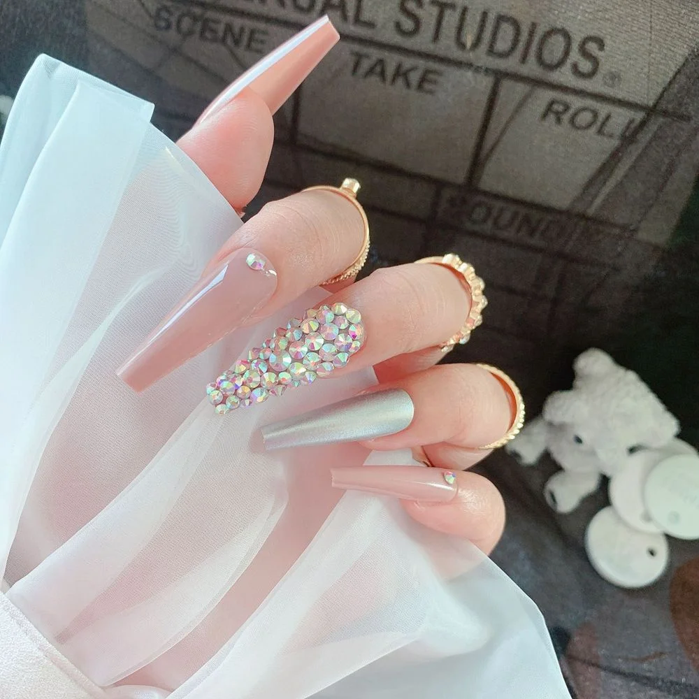24Pcs/Box Rhinestone Long Coffin False Nails Artificial Ballerina Wearable Stiletto Fake Nails Full Cover Nail Tips With Glue