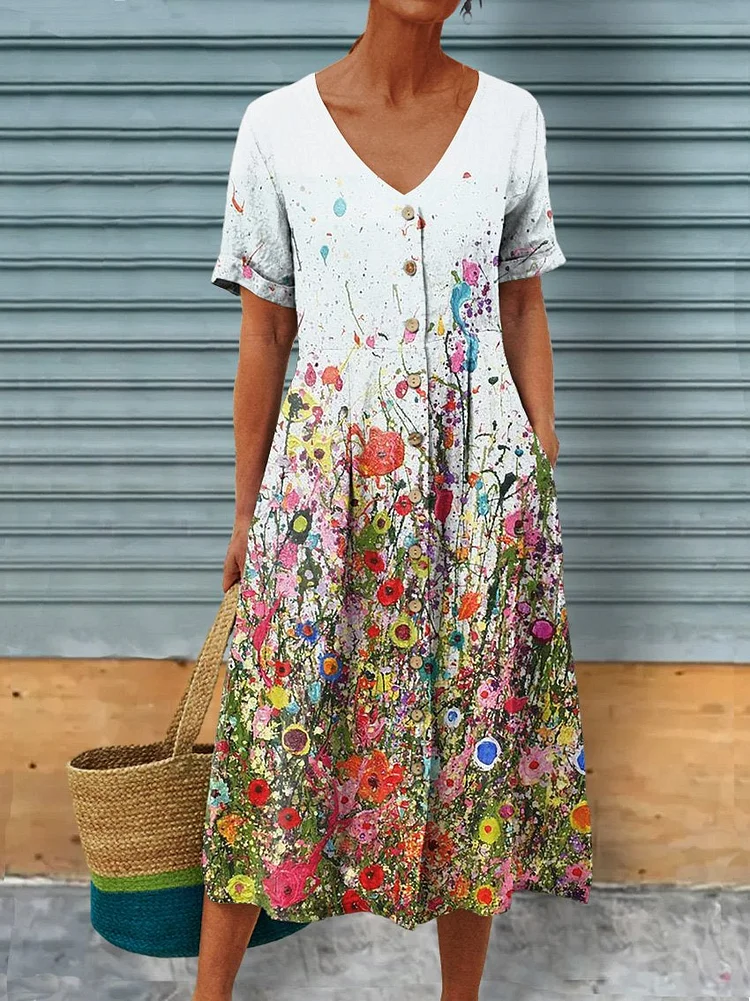 Poppy Field Splash Paint Art Women's Linen Pocket Tunic Dress