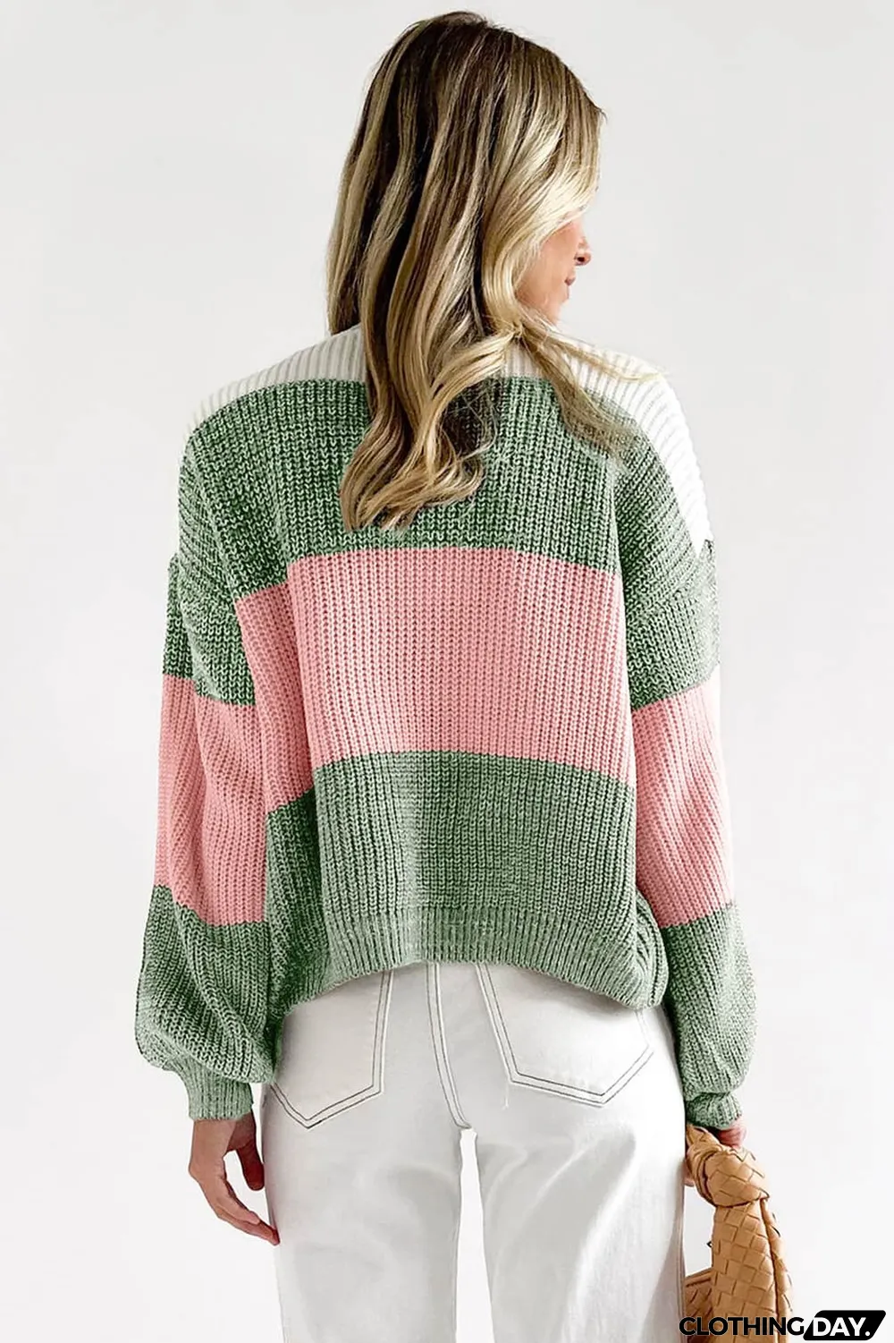 Green Colorblock Drop Shoulder Pullover Loose Sweater
