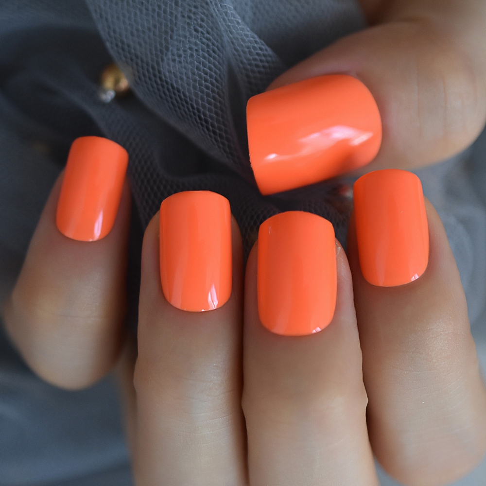 Teamgoo Simple Spring Nails – Neon Short Square Glossy Gel Nails Orange Pink Press on Tips for Daily Wear  