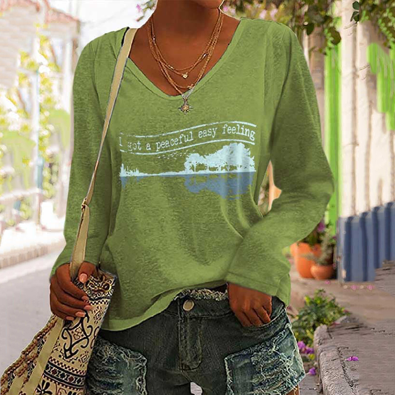 Got A Peaceful Easy Feeling Guitar Print Long Sleeve V Neck T-Shirt wearshes