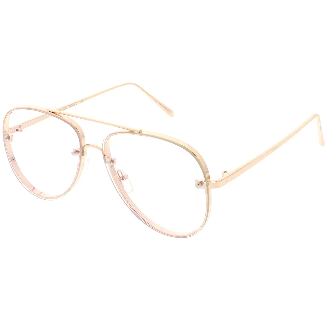 Classic Metal Aviator Eyeglasses Crossbar Slim Arms Teardrop Clear Flat Lens 58mm