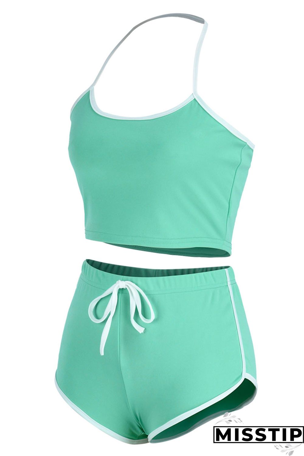 Green Fashion Casual Solid Patchwork Backless Halter Sleeveless Two Pieces