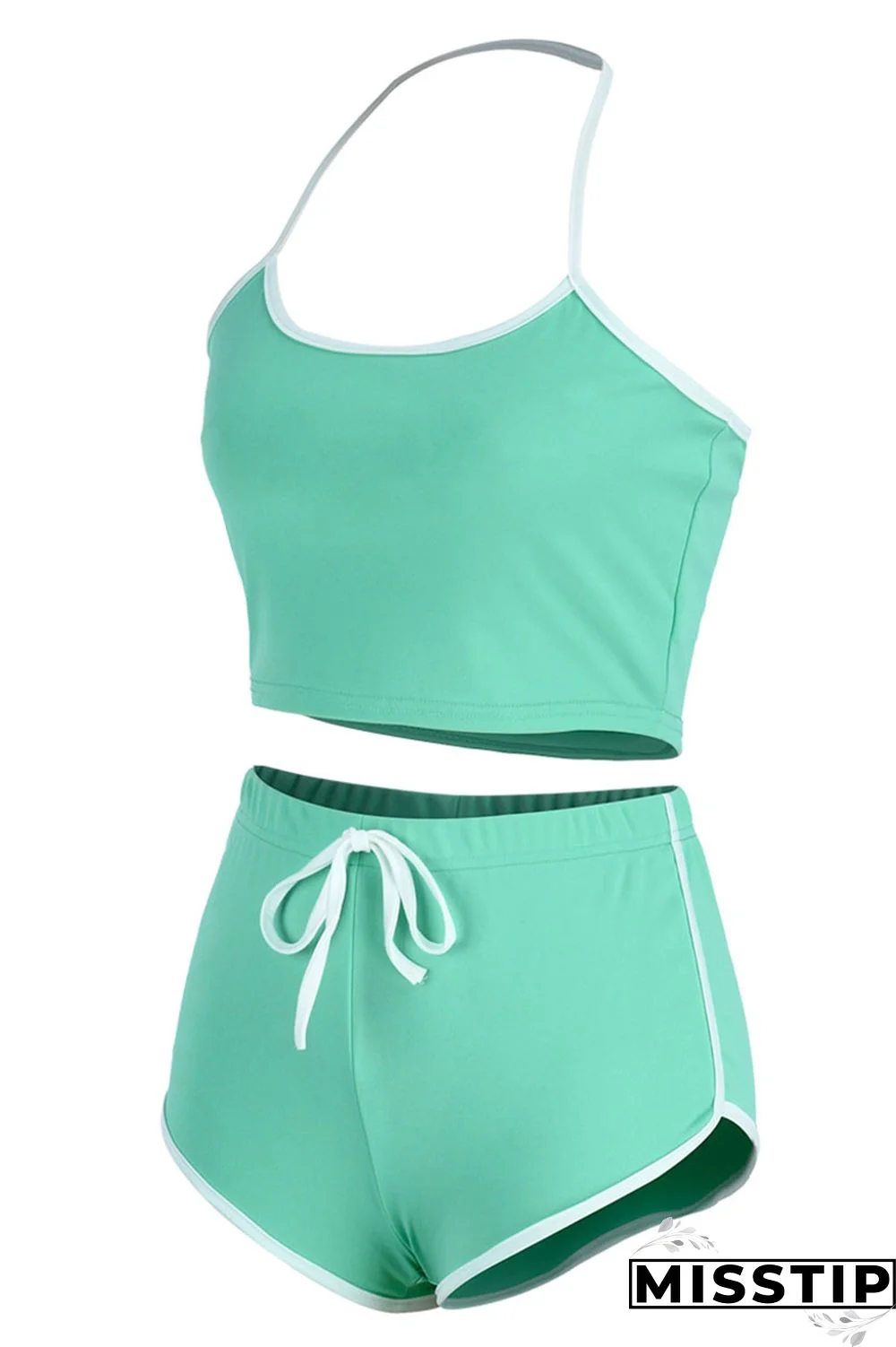 Green Fashion Casual Solid Patchwork Backless Halter Sleeveless Two Pieces