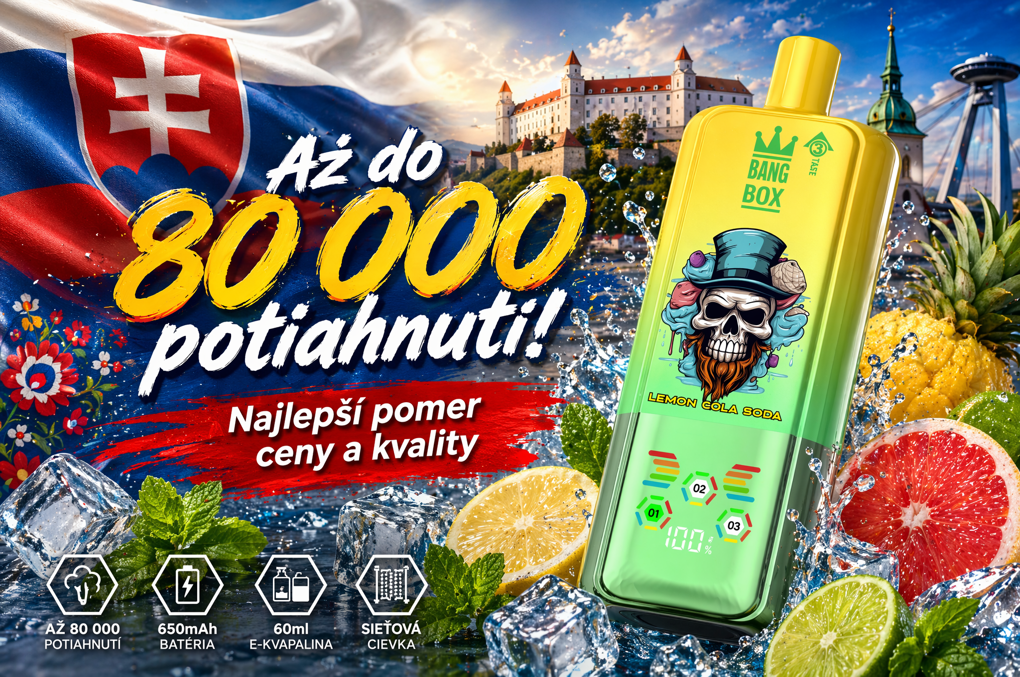 BANGBOX 80K 3 v 1 vape 80000 potiahnutí jednorazová elektronická cigareta 60 ml 850 mAh Slovensko