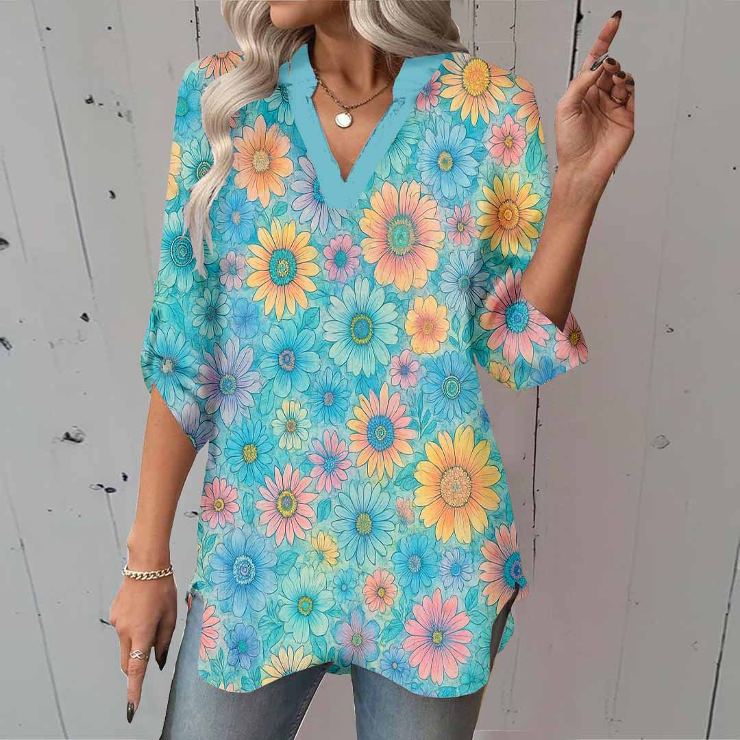Women Floral,Green,Yellow DZGA0262 3/4 Sleeve V-neck Printed Graphic Button Tops