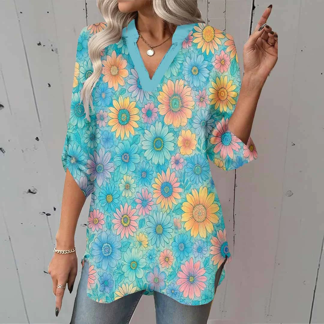 Women Floral,Green,Yellow DZGA0262 3/4 Sleeve V-neck Printed Graphic Button Tops