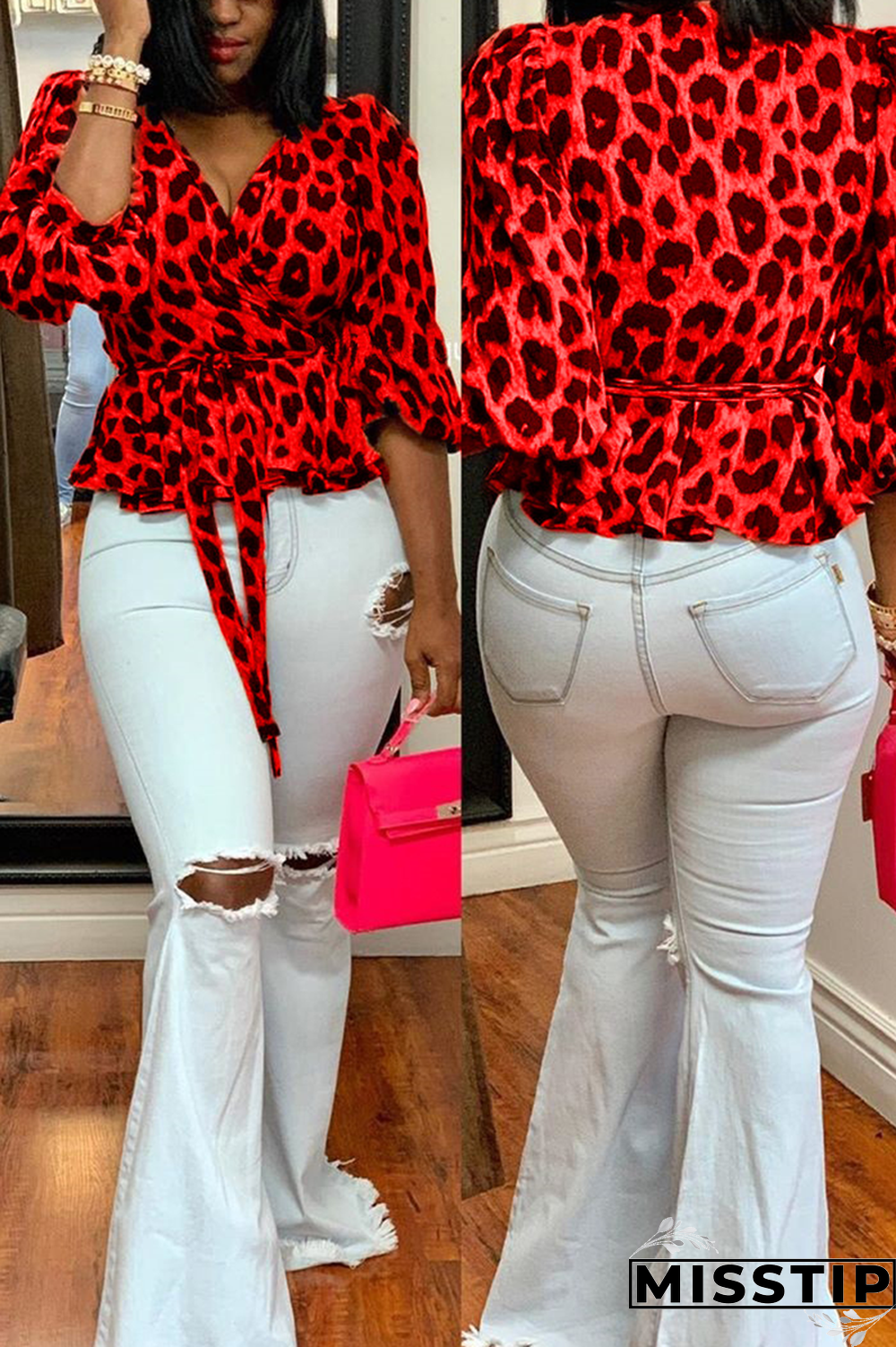 Grey Street Leopard Bandage V Neck Tops
