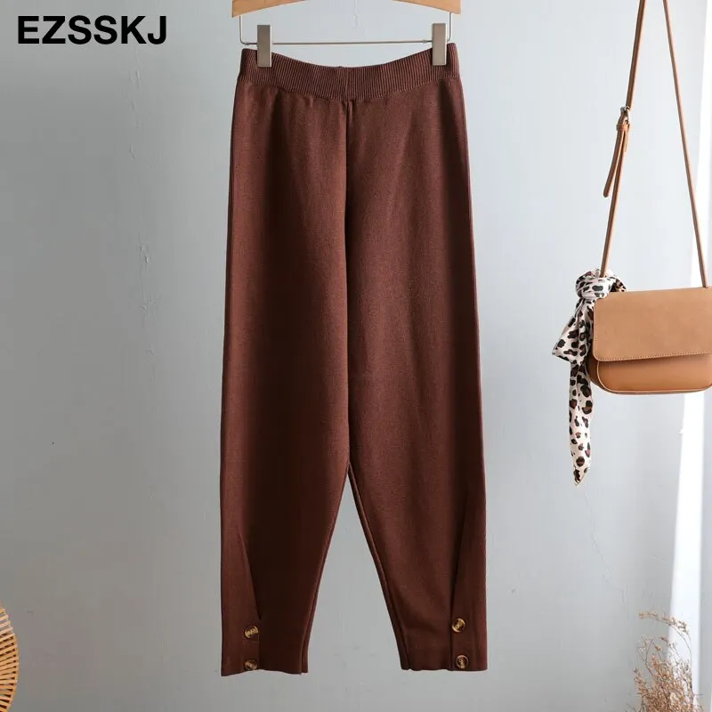 Women Elastic Waist  BUTTON Trousers Thick Knitted Harem Pants Autumn Winter Sport pants sweater Knitted Carrot pants