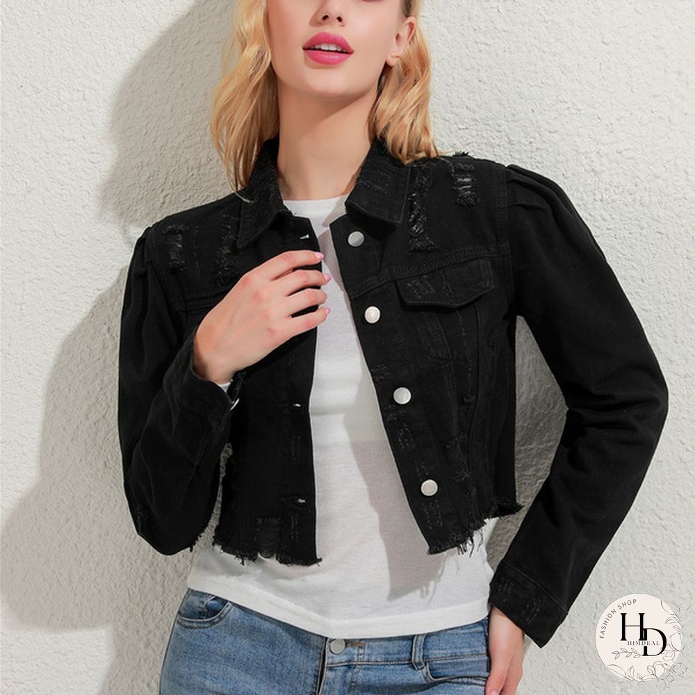 Women's Fashion Short Denim Jacket Puff Sleeve Denim Jacket