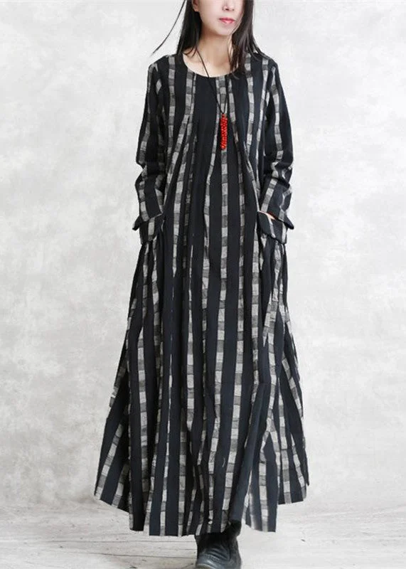 fine black Plaid natural linen dress plus size O neck patchwork linen maxi dress 2018 long sleeve pockets dresses