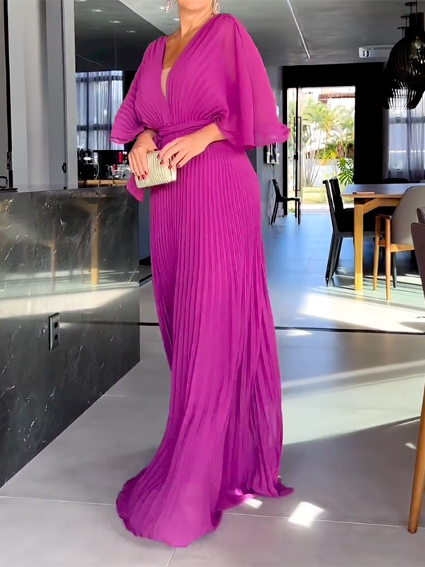 Elegant Short Sleeves Solid Color V-Neck Maxi Dresses