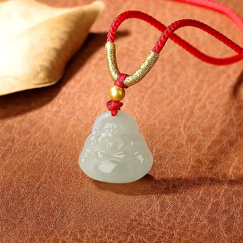 18k Gold Plated Natural Hetian Jade Laughing Buddha Wealth String Necklace Pendant