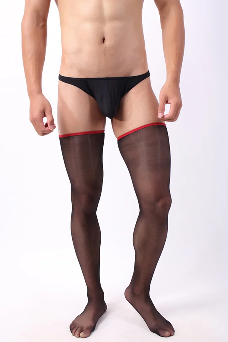 Men's See Through Mesh Contrast Binding Oil Shinny Thigh Stockings