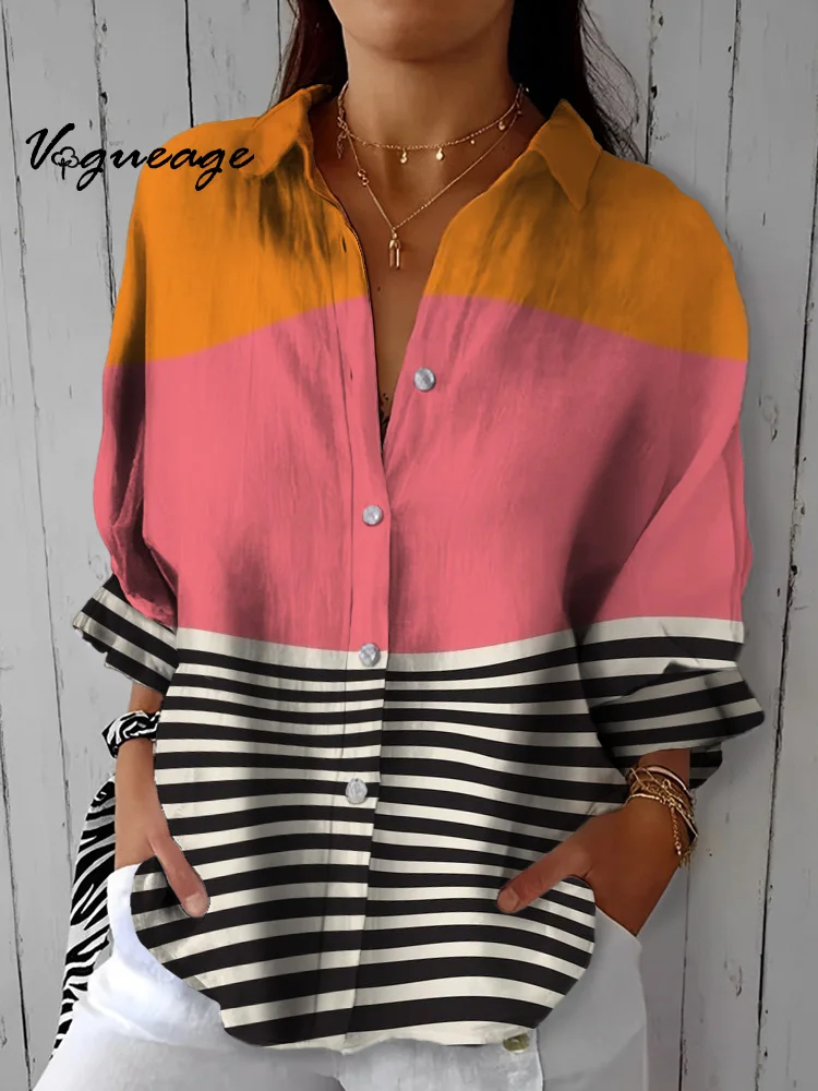 Fashionable And Simple Color Splicing Printed Cotton And Linen Shirt