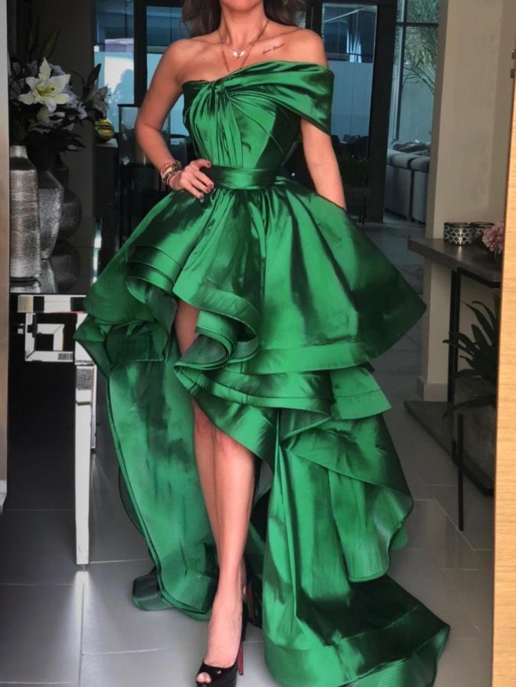 Promsstyle Promsstyle Smooth satin off shoulder tie up waist layered asymmetric evening dress Prom Dress 2023