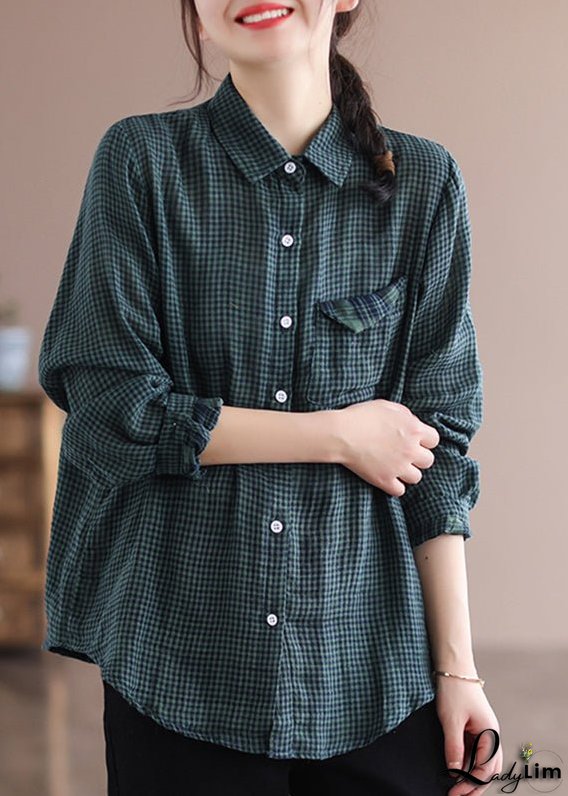 Green Peter Pan Collar Plaid Pockets Cotton Shirt Long Sleeve